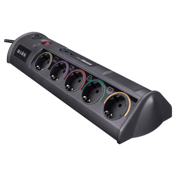 Siyah renkli S-Link PRZ010 çoklu priz, 1 USB ve 1 Type-C portu ile 16A akım koruması sağlar, 1.8 metre kablo uzunluğu ve 1860 Joule koruma seviyesine sahip, güvenli elektrik bağlantısı için ideal.