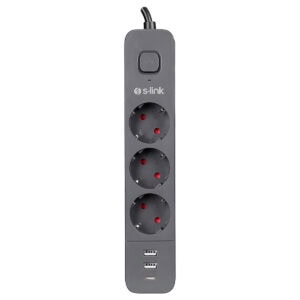 S-link SPG03U 3'lü priz ve USB şarj cihazı, 1.5m kablo, 3x1.00mm bakır iletken, 750 Joule koruma, akım korumalı, Type C ve USB portlarıyla pratik kullanım sağlar.