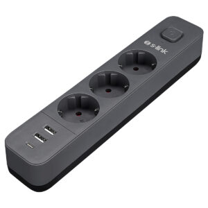 S-link SPG03U 3'lü priz ve USB şarj cihazı, 1.5m kablo, 2 USB portu, 1 Type C portu, 100% bakır ile güçlendirilmiş, 750 Joule koruma, akım korumalı, güvenli ve kullanışlı priz.