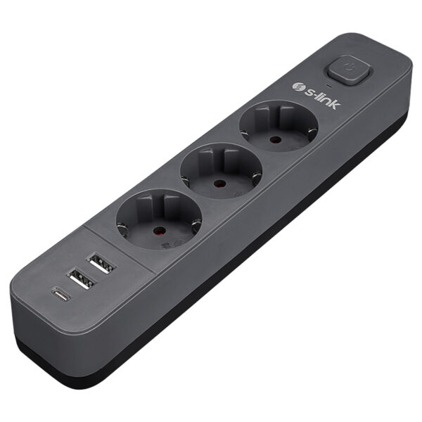 S-link SPG03U 3'lü priz ve USB şarj cihazı, 1.5m kablo, 2 USB portu, 1 Type C portu, 100% bakır ile güçlendirilmiş, 750 Joule koruma, akım korumalı, güvenli ve kullanışlı priz.