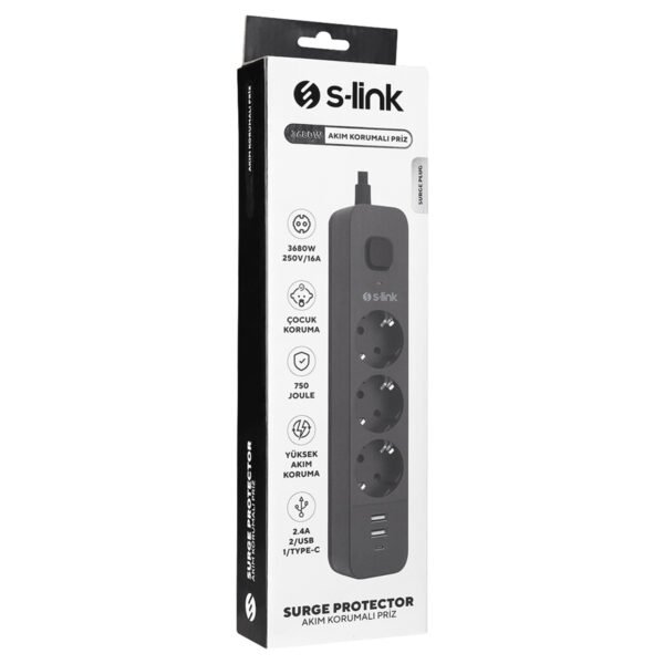 S-link SPG03U 3'lü akım korumalı priz, USB ve Type-C çıkışlarıyla elektronik cihazlarınızı güvenle şarj eder, 750 Joule koruma sağlar, 2.4A hızlı şarj desteği ve çocuk koruması içerir.