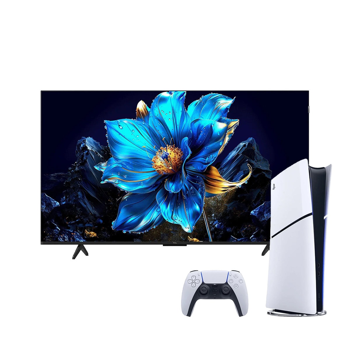 TCL 55T6C 55 inç 4K UHD QLED akıllı televizyon, Google TV ve 60Hz yenileme hızıyla yüksek görüntü kalitesi sunar. Beyaz Sony PlayStation 5 Slim Dijital Edition ile uyumlu oyun paketi.