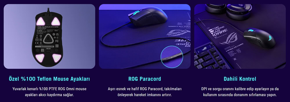 ASUS ROG GLADIUS III Core RGB kablolu oyun faresi, hassasiyet ve konfor sağlayan ergonomik tasarımıyla profesyonel oyuncular için ideal. Çok renkli RGB aydınlatma ve gelişmiş DPI ayarlarıyla üstün oyu.