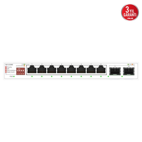 ASUS QG-U1080 8 RJ45 ve 2 SFP+ portlu Gigabit switch, yönetilemez, yüksek performanslı ağ bağlantısı sağlar.