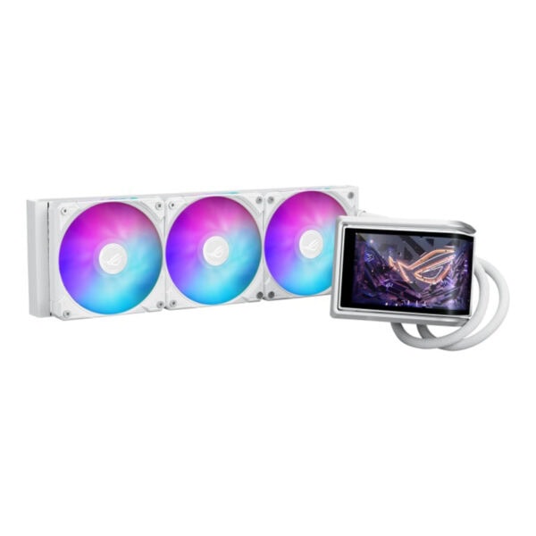 ASUS ROG Ryuo IV 360 ARGB Beyaz Edition, 360mm sıvı işlemci soğutucu, Intel ve AMD uyumlu, RGB aydınlatmalı, yüksek performanslı ve şık tasarımıyla gaming sistemleri için ideal.