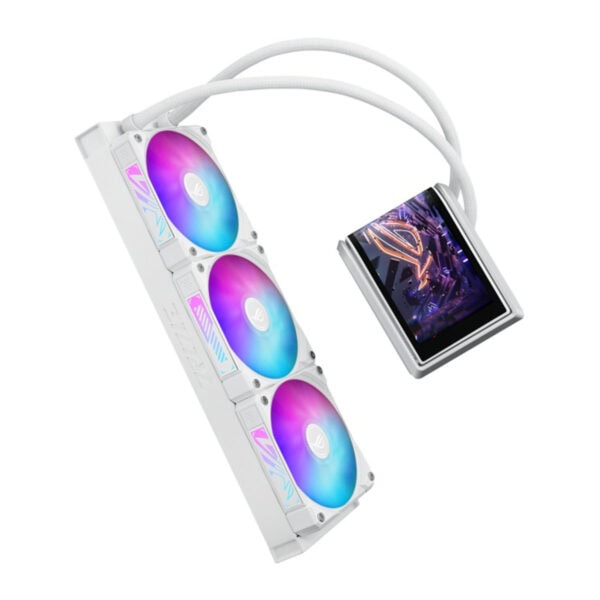 ASUS ROG Ryuo IV 360 ARGB Beyaz Edition, 360mm sıvı soğutucu, Intel ve AMD uyumlu, RGB aydınlatmalı, yüksek performanslı işlemci soğutucu.