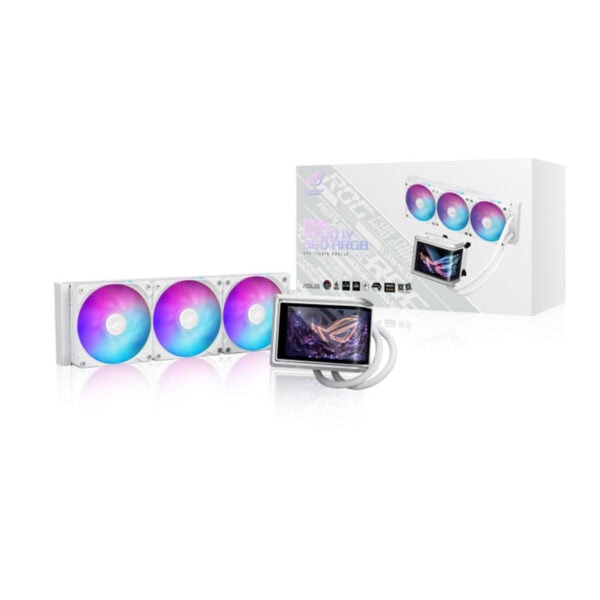 ASUS ROG Ryuo IV 360 ARGB Beyaz Edition, 360mm boyutunda, Intel ve AMD uyumlu sıvı işlemci soğutucu, beyaz tasarım ve ARGB aydınlatma ile yüksek performans ve şıklık sağlar.