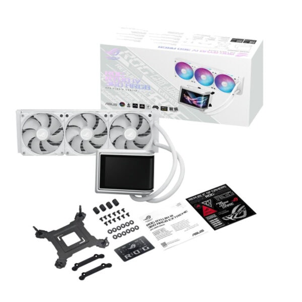 ASUS ROG Ryuo IV 360 ARGB Beyaz Edition, 360mm sıvı işlemci soğutucu, Intel ve AMD uyumlu, beyaz tasarım, RGB aydınlatma, yüksek performanslı ve şık bilgisayar soğutma çözümü.