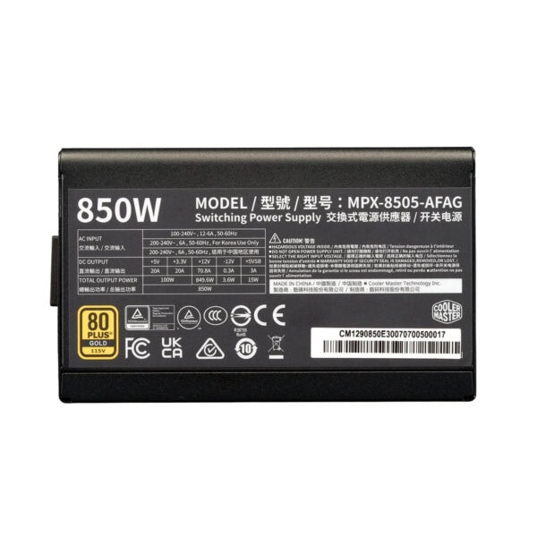 Cooler Master Elite Gold 850W 80+ Gold PCIe 5.1 tam modüler ATX güç kaynağı, yüksek performans ve enerji verimliliği sağlar. Güçlü ve güvenilir yapısıyla oyun ve yüksek performanslı sistemler için ide.