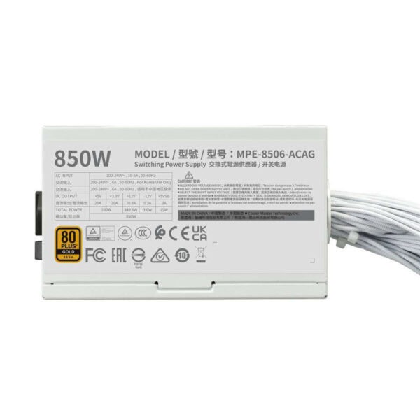 Cooler Master MWE Gold 850W 80+ Gold güç kaynağı, PCIe 5.0 ve ATX 3.1 uyumlu, yüksek verimlilik ve güvenlik özellikleri ile bilgisayar sistemleri için ideal.