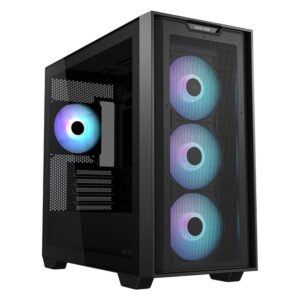 ASUS TUF Gaming kasa, ön panelde üç RGB fan ve şeffaf cam kapak ile modern tasarım, yüksek performanslı oyun ve çalışma sistemi için ideal.