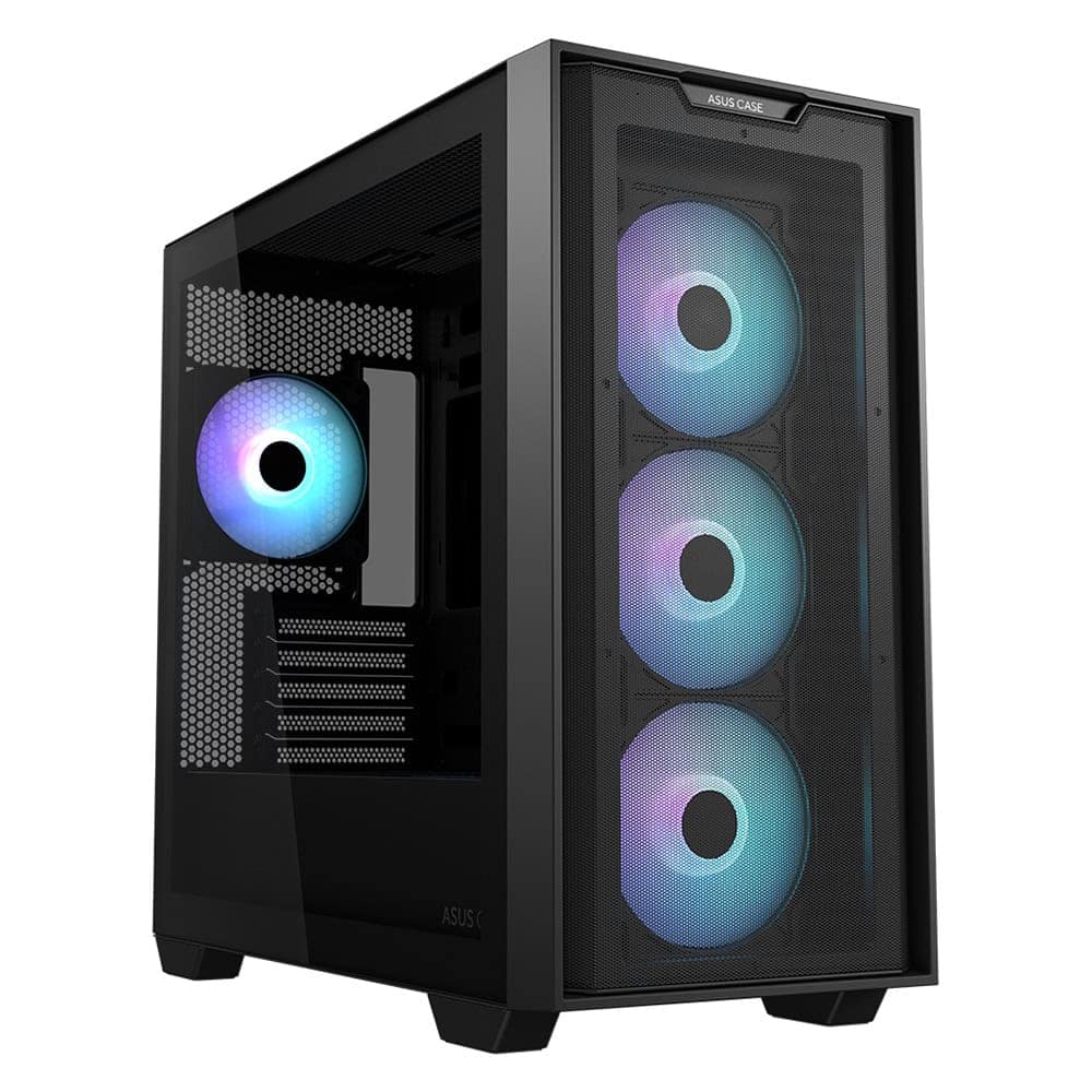 ASUS TUF Gaming kasa, ön panelde üç RGB fan ve şeffaf cam kapak ile modern tasarım, yüksek performanslı oyun ve çalışma sistemi için ideal.