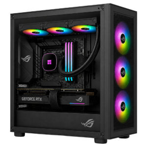 RGB aydınlatmalı gaming kasası iç yapısı, ekran kartı, anakart ve soğutucu detaylarıyla gösteriliyor.