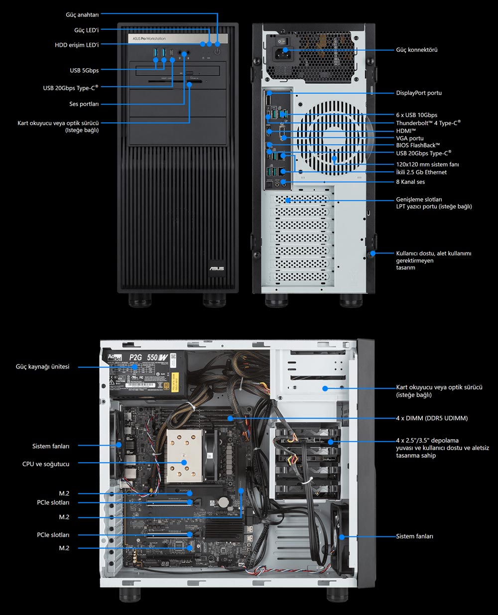 ExpertCenter Pro ET500I W8 ASUS ExpertCenter Pro ET500I W8U95080W Intel Core Ultra 9-285K NVIDIA RTX 5080 16GB GDDR7 128GB DDR5 2TB M.2 SSD FreeDos Masaüstü İş İstasyonu h12