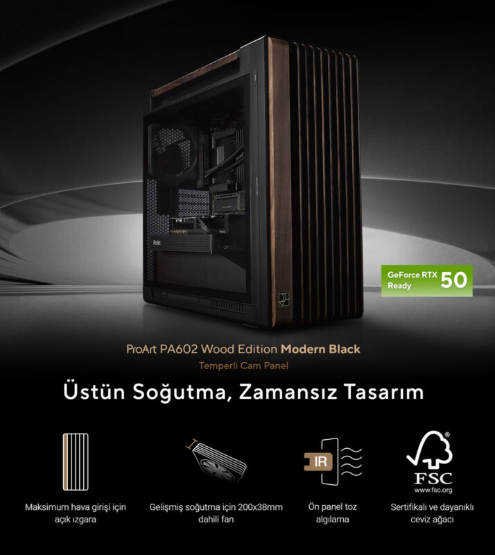 ProArt PA602 Wood Edition Modern Black - Tempered Glass Panel ASUS ProArt PA602 Wood Edition Temperli Cam Kasa H2