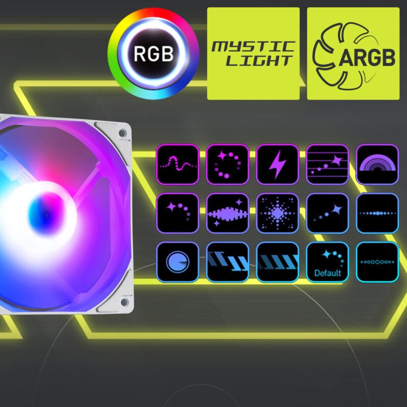 Yüksek performanslı MSI MAG F120 ARGB Beyaz 120mm kasa fanı, RGB aydınlatma ve ARGB efektleri ile şık ve etkili soğutma sağlar.
