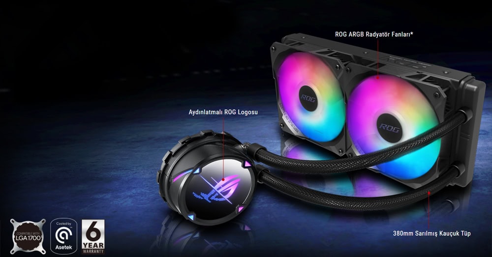 ARGB aydınlatmalı ASUS ROG logo ve fanlar ile uyumlu 240mm sıvı soğutucu.