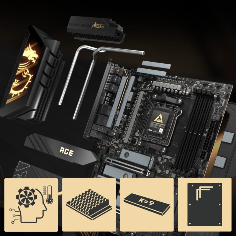 Yüksek performanslı MSI MEG X870E ACE anakart, DDR5 RAM, AM5 soket ve 9000MHz hız desteği ile üstün oyun ve işlem gücü sağlar.