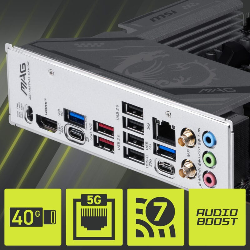 MSI MAG X870E GAMING MAX WIFI anakartın arka paneli, çeşitli bağlantı noktaları ve özellikleriyle yüksek performans ve geniş bağlantı seçenekleri sunar.