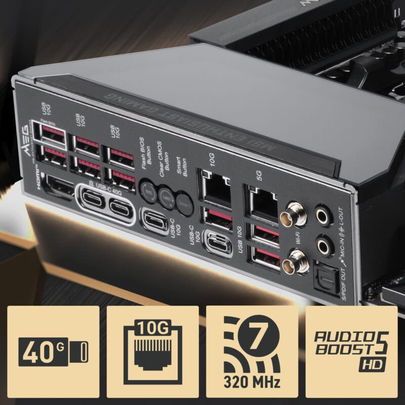 MSI MEG X870E ACE anakartı, yüksek performans ve gelişmiş özellikler sunar. DDR5 RAM, PCIe 5.0, M.2 ve HDMI çıkışlarıyla güçlü oyun ve profesyonel kullanım için ideal.