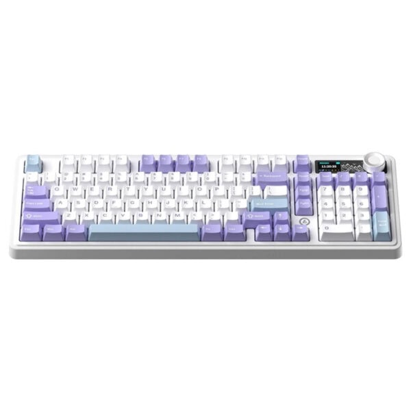 Yüksek performanslı AJAZZ AK980 V2 renkli RGB kablosuz mekanik klavye, beyaz, mor ve mavi renklerde tasarlanmış, hotswap özellikli ve İngilizce düzenli. Oyun ve ofis kullanımı için ideal, 2 yıl değişi.