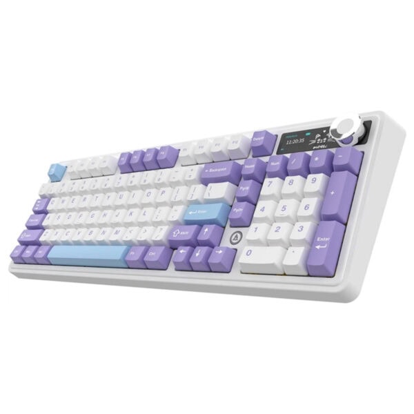AJAZZ AK980 V2 Renkli RGB Kablosuz Mekanik Klavye, beyaz, mor ve mavi renkli tuşlarıyla şık ve fonksiyonel. Hotswap özelliği ve İngilizce düzeniyle oyun ve ofis kullanımı için ideal.