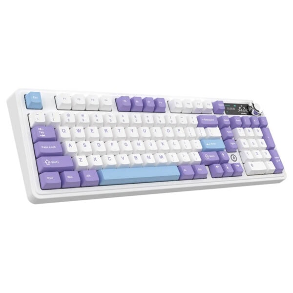 AJAZZ AK980 V2 renkli RGB kablosuz mekanik gaming klavye, beyaz, mor ve mavi renklerle tasarlanmış, hotswap özellikli, İngilizce düzen, 2 yıl değişim garantili.