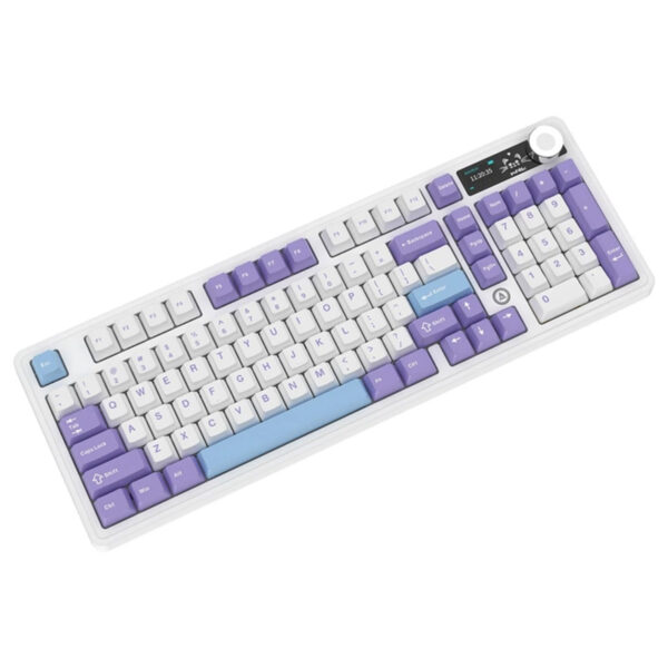 AJAZZ AK980 V2 renkli RGB kablosuz mekanik gaming klavye, beyaz ve mor renklerde tasarlanmış, hotswap switch özelliği ve İngilizce Q klavye düzeni ile yüksek performans sağlar.
