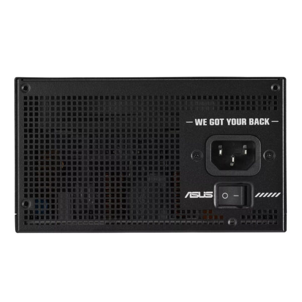 ASUS TUF GAMING 1000P 1000W 80+ Platinum güç kaynağı arka paneli, güç bağlantısı ve güç durumu göstergesi ile yüksek performans ve dayanıklılık sağlar.