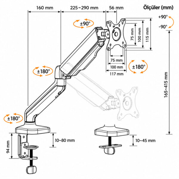Brateck 17 32 Inç Amortisörlü Siyah Monitör Kolu (ldt46 C012e) 7