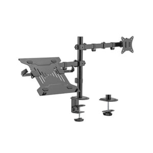 Brateck 17-32 inç uyumlu iki kollu monitör ve laptop tutucu, ayarlanabilir ve sağlam yapısıyla ofis ve ev kullanımı için ideal, ergonomik çalışma ortamı sağlar.