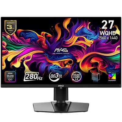 MSI MAG 271QP QD-OLED 27 inç oyun monitörü, 2560 x 1440 WQHD çözünürlük, 280Hz yenileme hızı, 0.03ms tepki süresi, QD-OLED ekran ve Adaptive Sync teknolojisi ile yüksek performans sağlar.