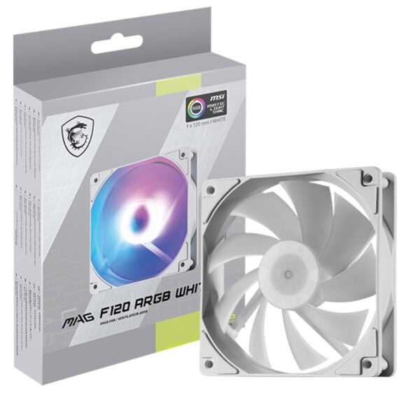 MSI MAG F120 ARGB Beyaz 120mm kasa fanı, şık beyaz tasarımı ve ARGB aydınlatmasıyla bilgisayar kasası içi soğutma ve estetik sağlar. Yüksek performanslı ve sessiz çalışma özelliği ile oyun ve ofis bil.