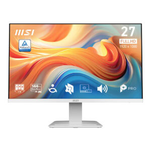 MSI PRO MP273W E14A 27 inç 144 Hz Full HD IPS monitör, beyaz renkli, yüksek yenileme hızı ve düşük gecikme süresi ile oyun ve ofis kullanımı için ideal.