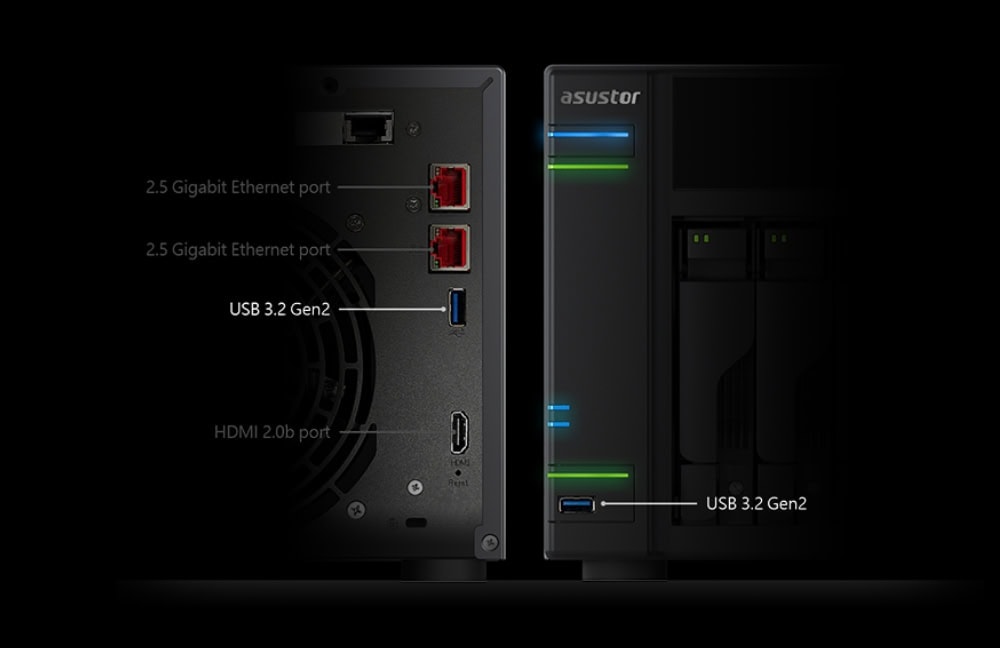 LOCKERSTOR 6 Gen2 (AS6706T) Yüksek hızlı Ethernet ve USB 3.2 Gen2 portlarına sahip bilgisayar arka paneli, modern bağlantı ihtiyaçları için ideal çözümler sunar.