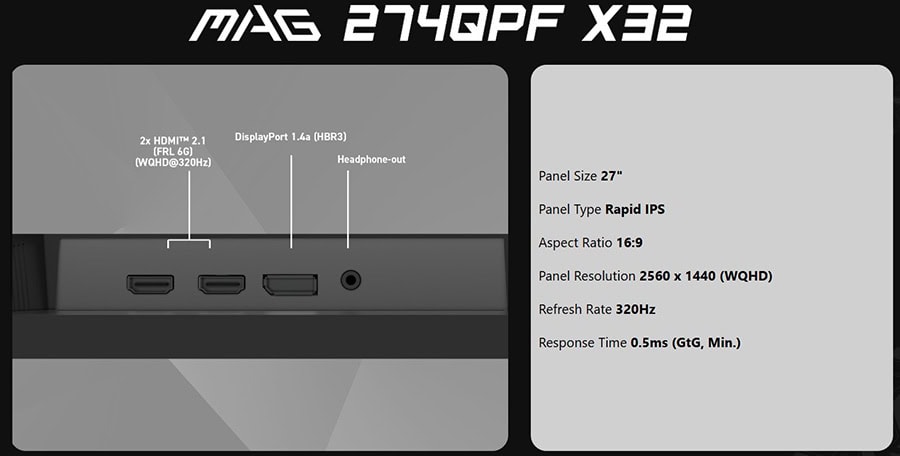 MSI MAG 274QPF X32 27 inç 320Hz 0.5ms WQHD Gaming Monitör.