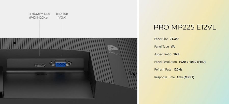 MSI PRO MP225 E12VL 21.45 inç, 120Hz yenileme hızı ve 1ms tepki süresi ile Full HD VA ekranlı monitör. Adaptive Sync teknolojisi ve geniş 16:9 oranı ile oyun ve ofis kullanımı için ideal.
