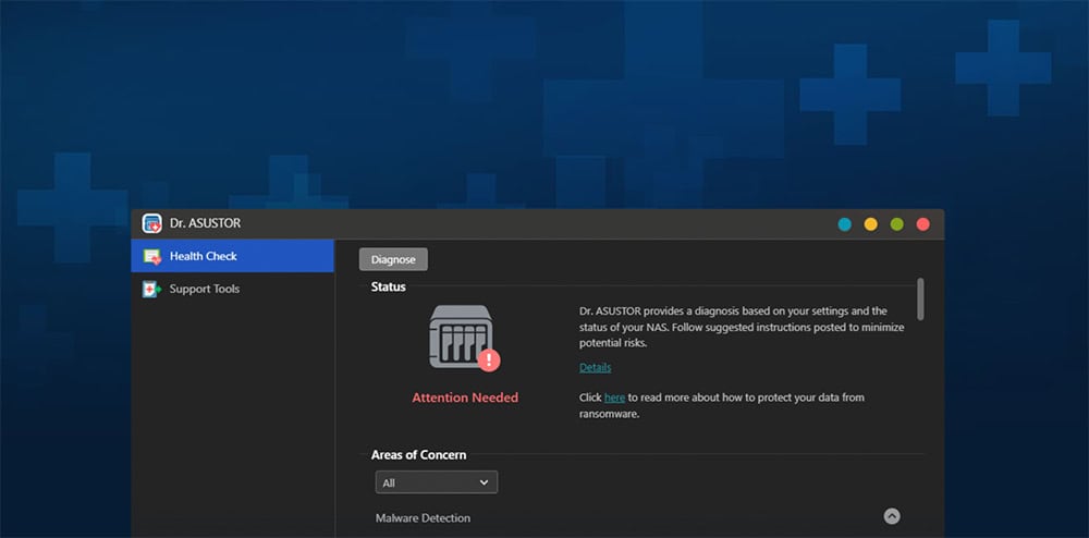 Asustor FLASHSTOR 6 Gen2 NAS cihazının sağlık ve durum kontrol ekranı, sistem durumu ve uyarı bildirimleriyle birlikte gösteriliyor.