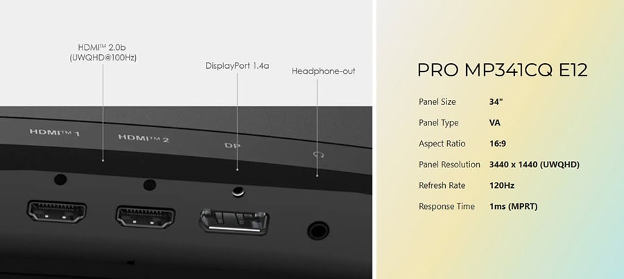 MSI PRO MP341CQ E12 34 inç 120Hz UWQHD Kavisli VA Monitör için yüksek çözünürlüklü ve hızlı tepki süresi ile oyun ve profesyonel kullanım için ideal.