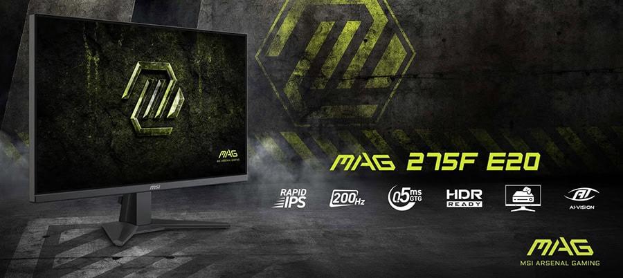 MSI MAG 275F E20 27 inç, 200Hz yenileme hızı ve 0.5ms tepki süresi ile yüksek performanslı oyun monitörü. Full HD, Adaptive Sync ve Rapid IPS teknolojisiyle akıcı ve net görüntü sağlar.
