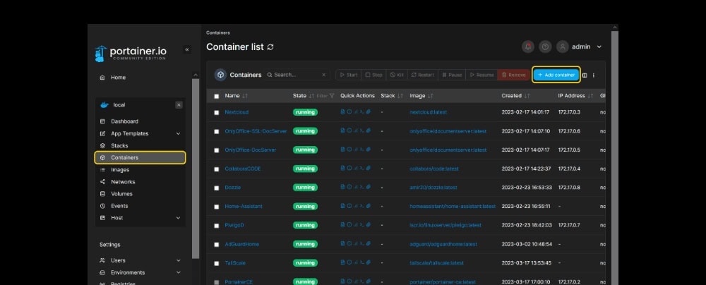 Portainer.io container management dashboard screenshot, container list view showing running containers, server management interface for Docker environments, optimized for web hosting and server administration, user-friendly control panel for container orchestration.