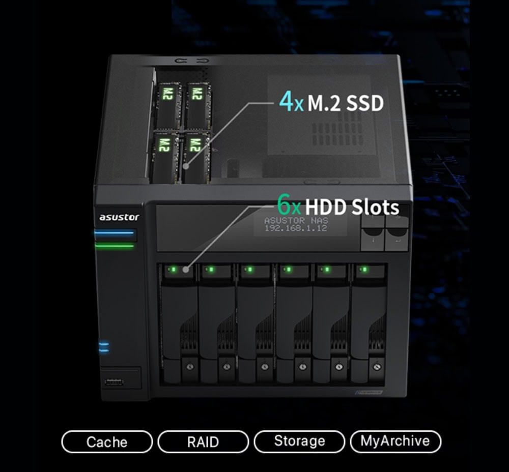 LOCKERSTOR 6 Gen2 (AS6706T) Yüksek Performanslı NAS depolama sunucusu, 4 M.2 SSD ve 6 HDD yuvası ile güçlü veri depolama ve yedekleme çözümleri sağlar.