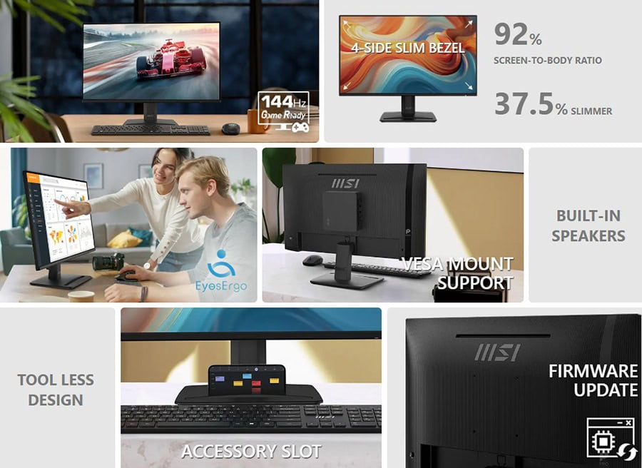 MSI PRO MP243 E14 23.8 inç Full HD IPS monitör, 144Hz yenileme hızı ve Adaptive Sync teknolojisi ile yüksek performans sağlar. Çoklu bağlantı seçenekleri ve şık tasarımıyla ofis ve oyun kullanımı için.