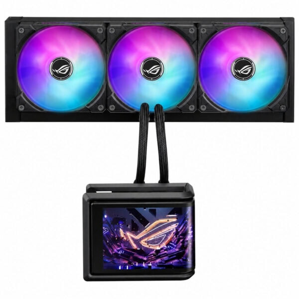 ASUS ROG Maximus Z890 Hero anakart ve ROG Ryuo IV SLC 360 ARGB sıvı soğutucu ile uyumlu, RGB aydınlatmalı fanlar ve sıvı soğutucu seti, yüksek performans ve estetik tasarım sağlar.