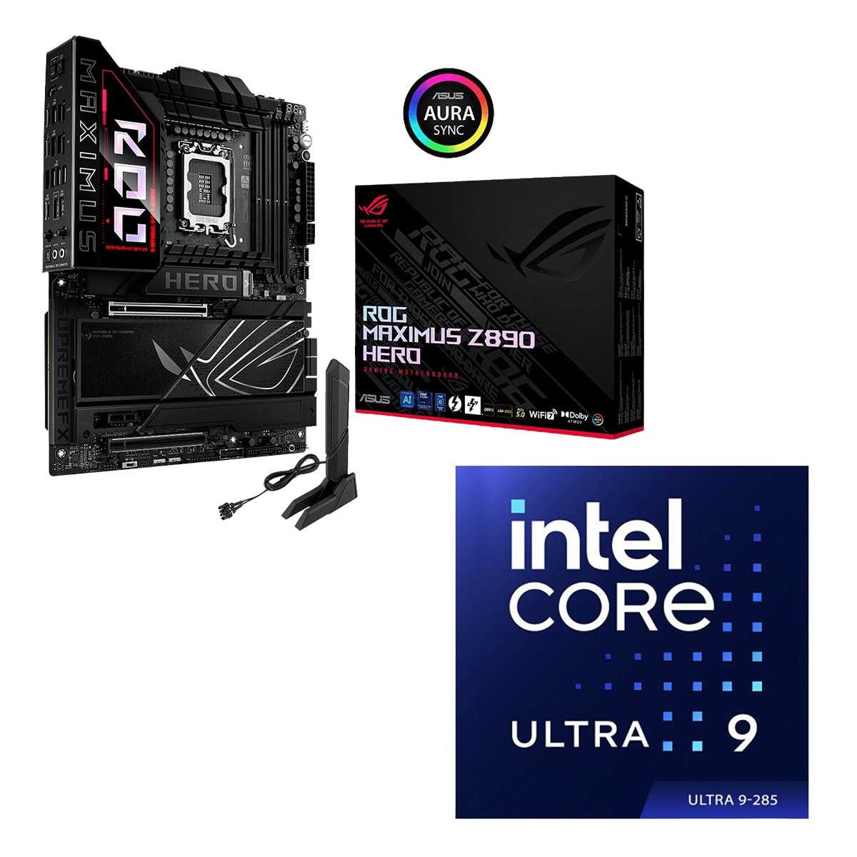 ASUS ROG Maximus Z890 Hero anakart ve Intel Core Ultra 9 285K işlemci içeren 2'li paket, yüksek performans ve oyun odaklı anakart ve işlemci kombinasyonu.