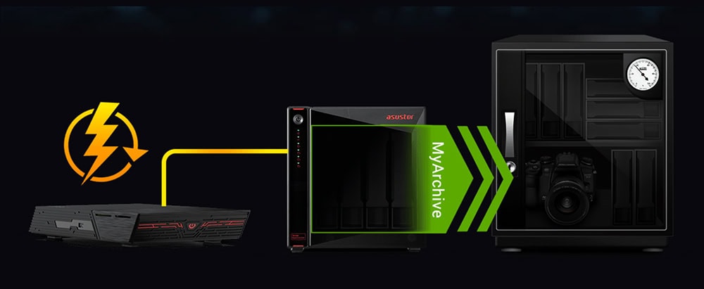 Asustor FLASHSTOR 6 Gen2 (FS6806X) AMD Ryzen V3C14, 8GB DDR5 RAM ile 10GbE bağlantılı, altı yuvalı yüksek performanslı NAS depolama cihazı.