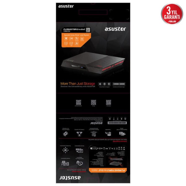 Asustor FLASHSTOR 12 Pro Gen2, AMD Ryzen V3C14 işlemci ve 16GB DDR5 RAM ile yüksek performanslı 12 yuvalı 10GbE NAS depolama çözümü.