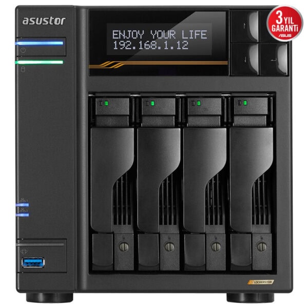 Asustor LOCKERSTOR 4 Gen3 NAS cihazı, AMD Ryzen V3C14 işlemci ve 16GB DDR5 RAM ile yüksek performans sağlar, 4 yuvalı ve 10GbE bağlantı desteği ile güvenilir veri depolama çözümleri sunar.