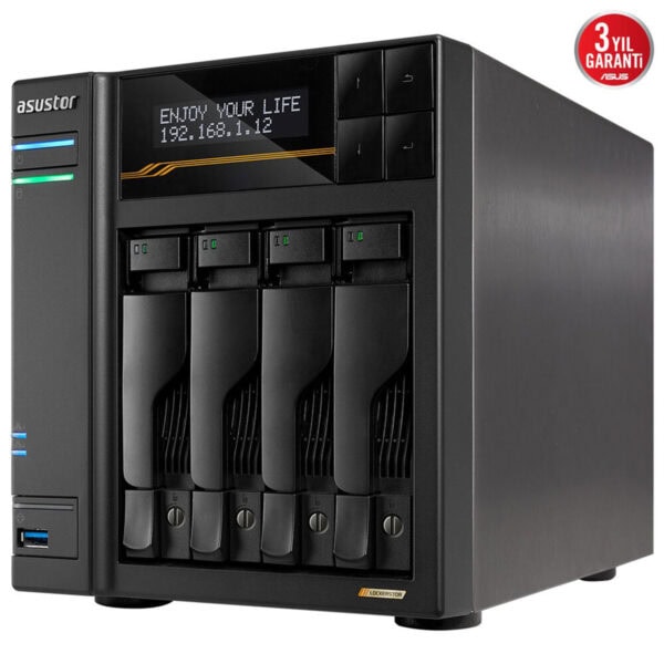 Asustor LOCKERSTOR 4 Gen3 (AS6804T) AMD Ryzen V3C14, 16GB DDR5 RAM ile 10GbE bağlantı desteği sunan güçlü NAS cihazı.