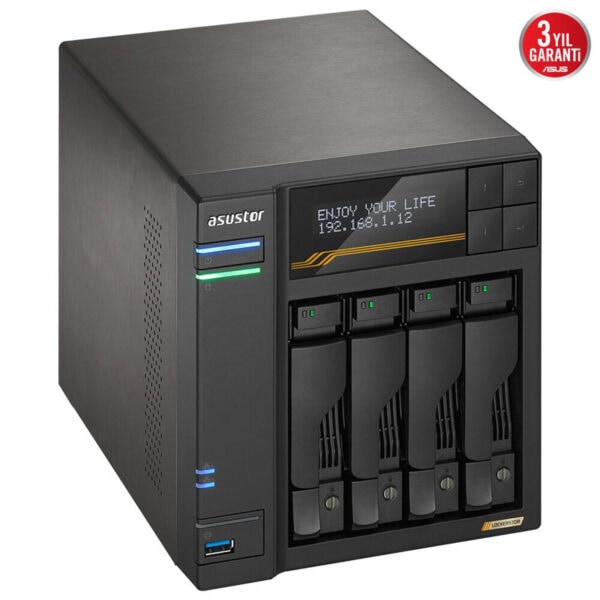 Asustor LOCKERSTOR 4 Gen3 (AS6804T) AMD Ryzen V3C14, 16GB DDR5 RAM, 4 Yuvalı 10GbE NAS depolama cihazı, yüksek performans ve güvenilir veri saklama çözümleri.